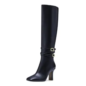 FSJ Dark Blue Knee High Boots Pull On Chunky Mid Heel Side Zipper Shoes