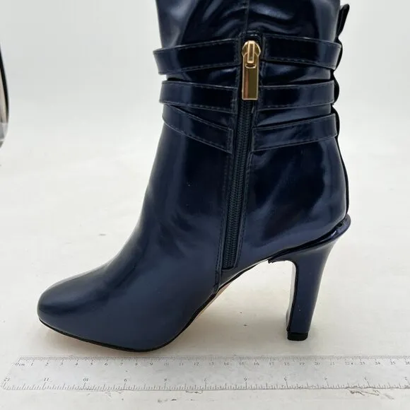 FSJ Dark Blue Knee High Boots Pull On Chunky Mid Heel Side Zipper Shoes