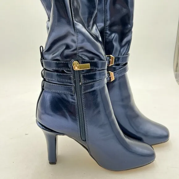 FSJ Dark Blue Knee High Boots Pull On Chunky Mid Heel Side Zipper Shoes