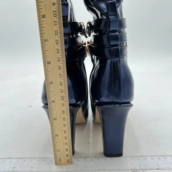 FSJ Dark Blue Knee High Boots Pull On Chunky Mid Heel Side Zipper Shoes