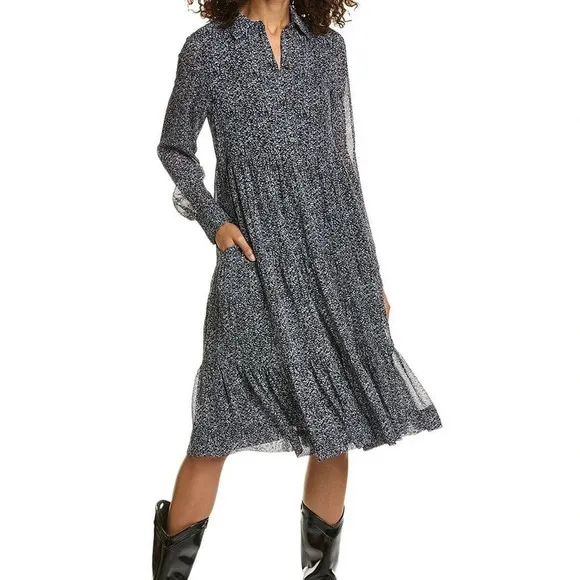 GANNI Georgette Viscose Micro Floral Print  Tiered Long Sleeve Boho Midi Dress