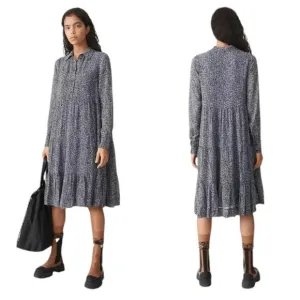 GANNI Georgette Viscose Micro Floral Print  Tiered Long Sleeve Boho Midi Dress