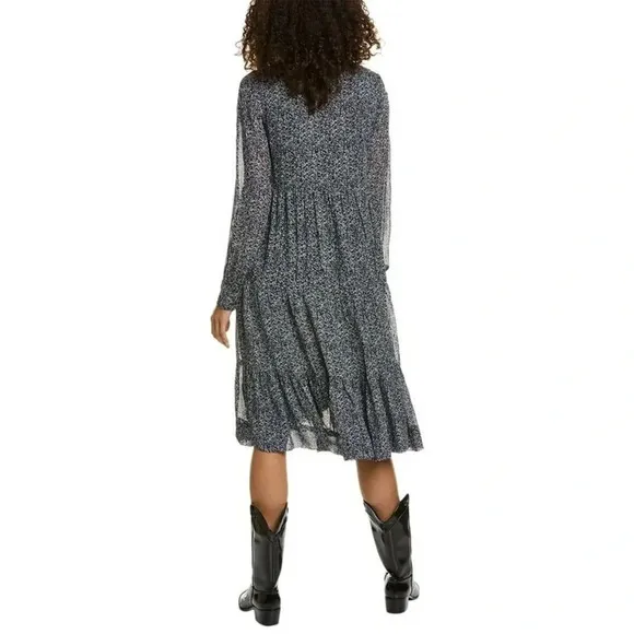 GANNI Georgette Viscose Micro Floral Print  Tiered Long Sleeve Boho Midi Dress