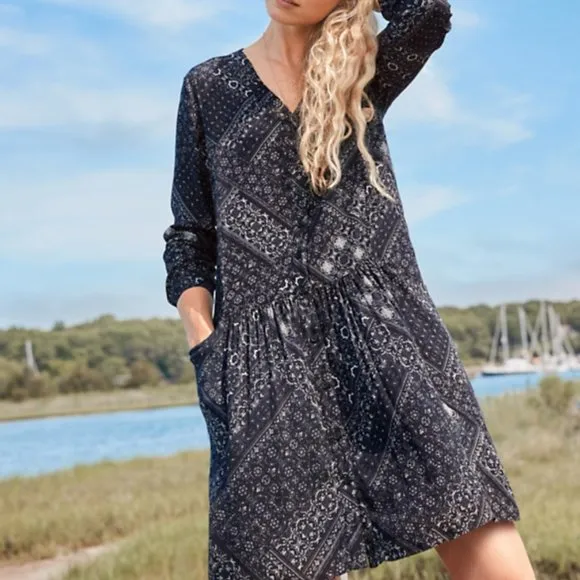 Garnet Hill ~new ~ Boho Blue Floral Dropwaist Button-Up Shirtdress in size 18