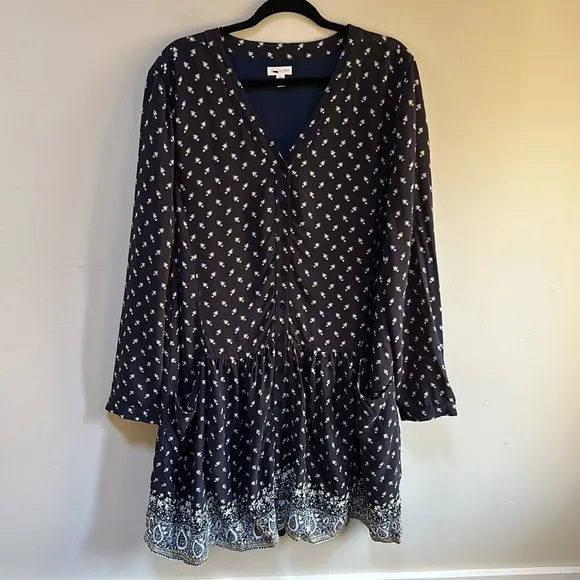 Garnet Hill ~new ~ Boho Blue Floral Dropwaist Button-Up Shirtdress in size 18