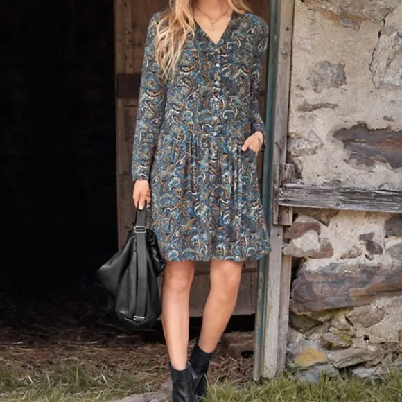 Garnet Hill ~new ~ Boho Blue Floral Dropwaist Button-Up Shirtdress in size 18