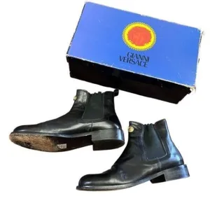 Gianni Versace Vintage Black Leather Scarpa Donna In Vitello Ankle Boots Size 38