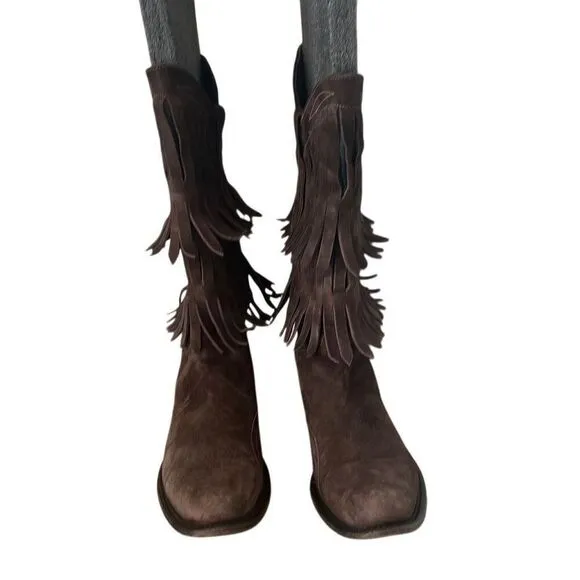 Gianni Barbato Brown Boho Festival Hippie Fringe Suede Cowboy Western Boots Wome