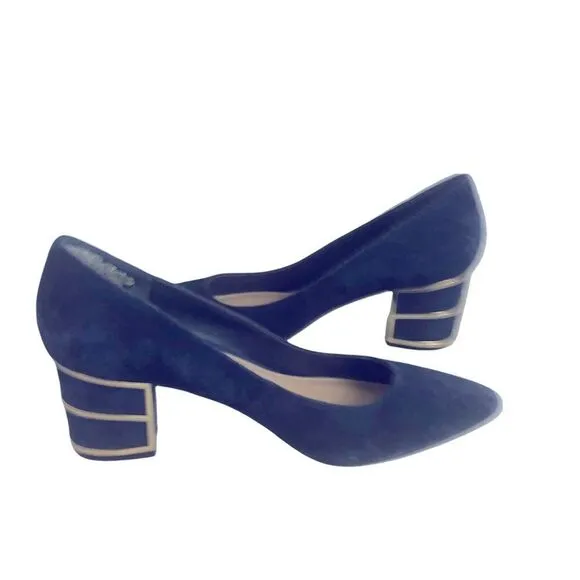 Gorgeous Blue Suede Shoes with Block Heel Caged in Gold from Steven Size by 8M