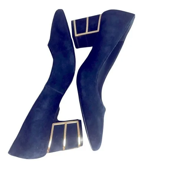 Gorgeous Blue Suede Shoes with Block Heel Caged in Gold from Steven Size by 8M