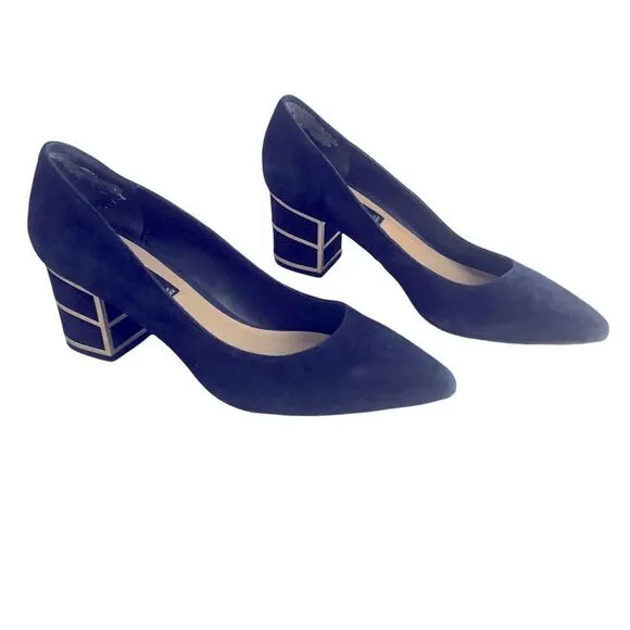 Gorgeous Blue Suede Shoes with Block Heel Caged in Gold from Steven Size by 8M
