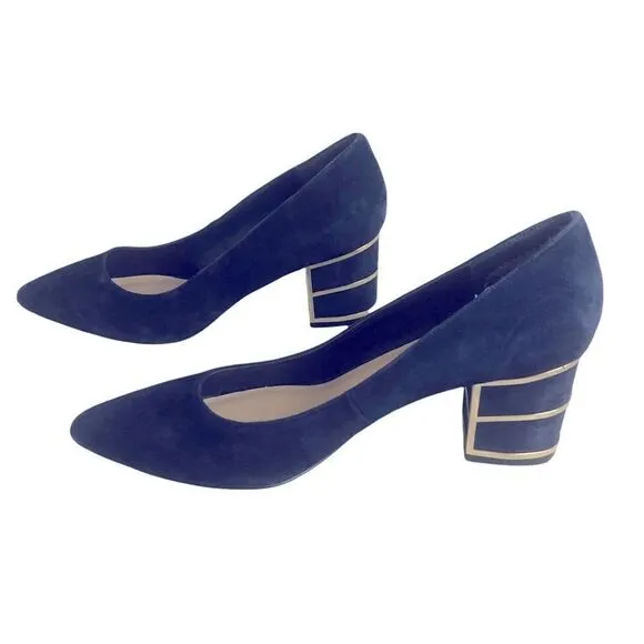 Gorgeous Blue Suede Shoes with Block Heel Caged in Gold from Steven Size by 8M