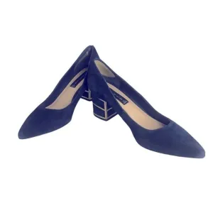 Gorgeous Blue Suede Shoes with Block Heel Caged in Gold from Steven Size by 8M