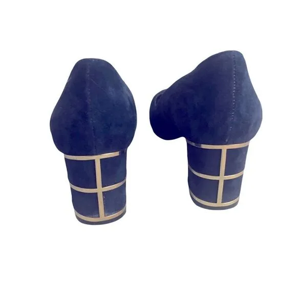 Gorgeous Blue Suede Shoes with Block Heel Caged in Gold from Steven Size by 8M
