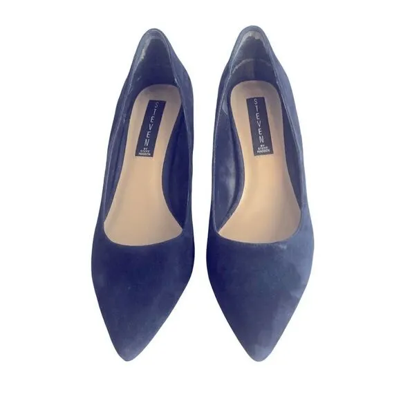Gorgeous Blue Suede Shoes with Block Heel Caged in Gold from Steven Size by 8M