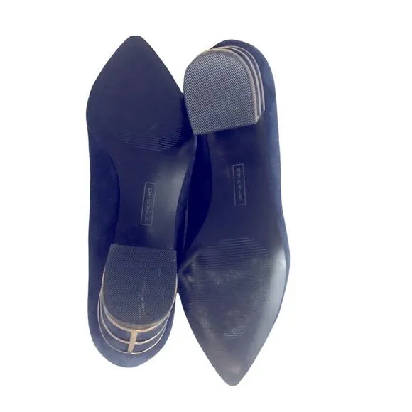 Gorgeous Blue Suede Shoes with Block Heel Caged in Gold from Steven Size by 8M