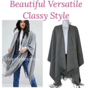 Gray Wrap Shoulder Shrug Kimono Sweater With Fringe