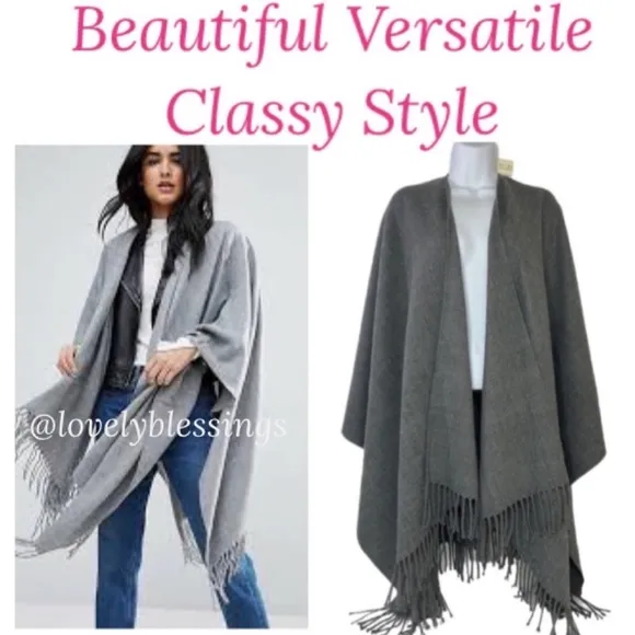 Gray Wrap Shoulder Shrug Kimono Sweater With Fringe