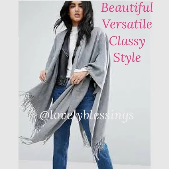 Gray Wrap Shoulder Shrug Kimono Sweater With Fringe