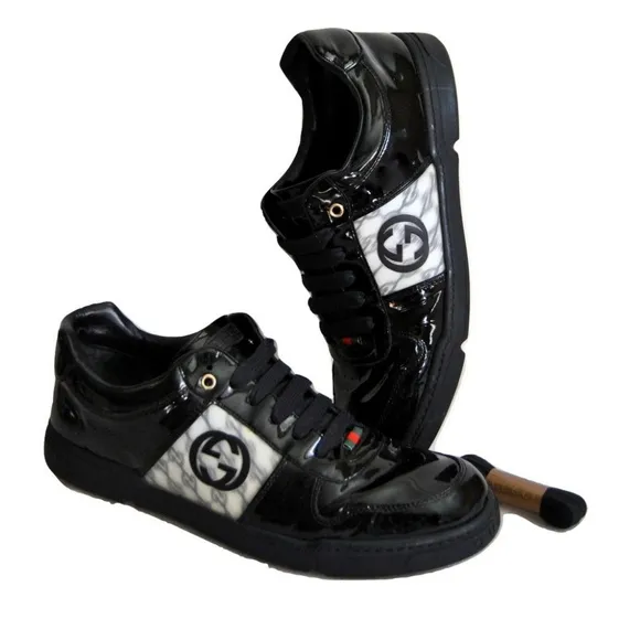 Gucci Mens Patent Leather Sneakers Shoes Black with Original Box
