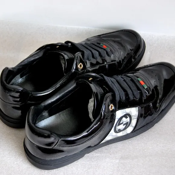 Gucci Mens Patent Leather Sneakers Shoes Black with Original Box