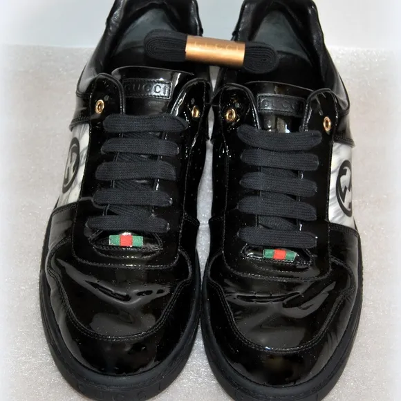 Gucci Mens Patent Leather Sneakers Shoes Black with Original Box