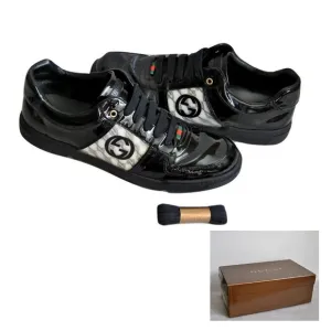 Gucci Mens Patent Leather Sneakers Shoes Black with Original Box