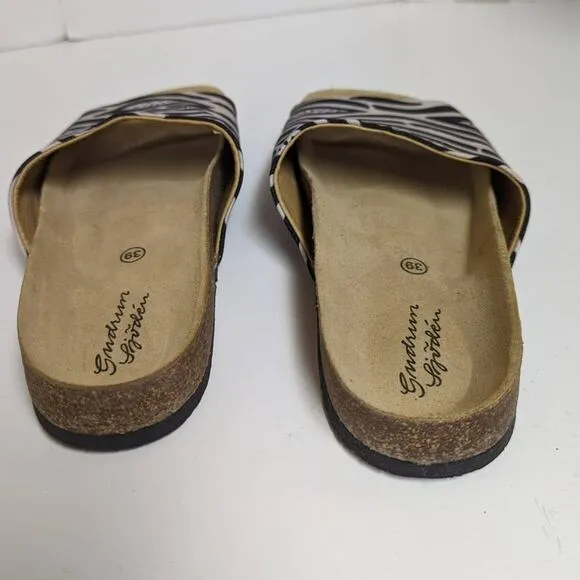 Gudrun Sjoden Botswana Black Off White Print Slide Sandals Cork Textile Size 39