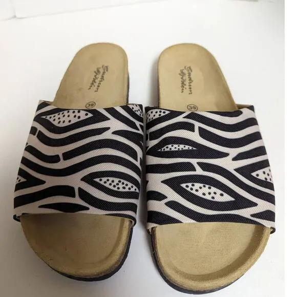 Gudrun Sjoden Botswana Black Off White Print Slide Sandals Cork Textile Size 39