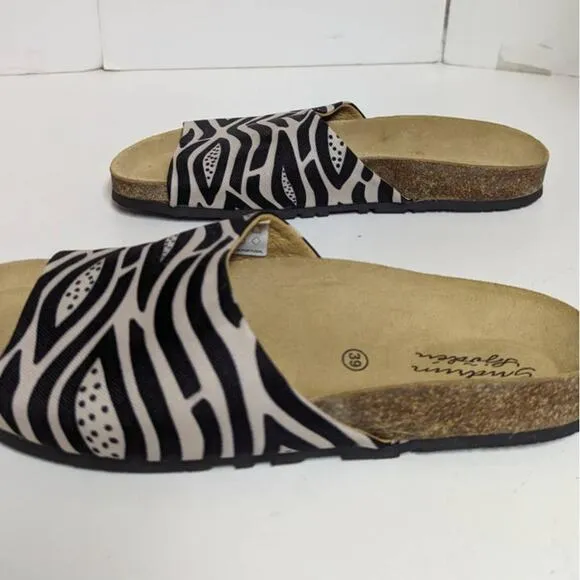 Gudrun Sjoden Botswana Black Off White Print Slide Sandals Cork Textile Size 39