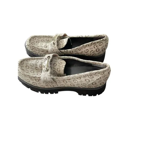Guess Womens Cream Brown Black Logo Chunky Platform Loafers Shoes Size 9.5