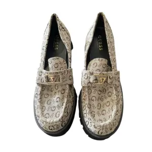 Guess Womens Cream Brown Black Logo Chunky Platform Loafers Shoes Size 9.5