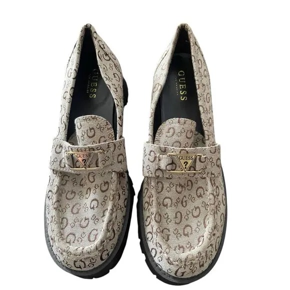 Guess Womens Cream Brown Black Logo Chunky Platform Loafers Shoes Size 9.5