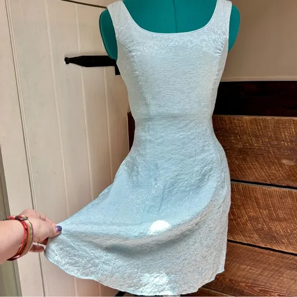 Gunne Sax Vintage Skater Dress - Silvery Cinderella Blue Damask w Princess Seams