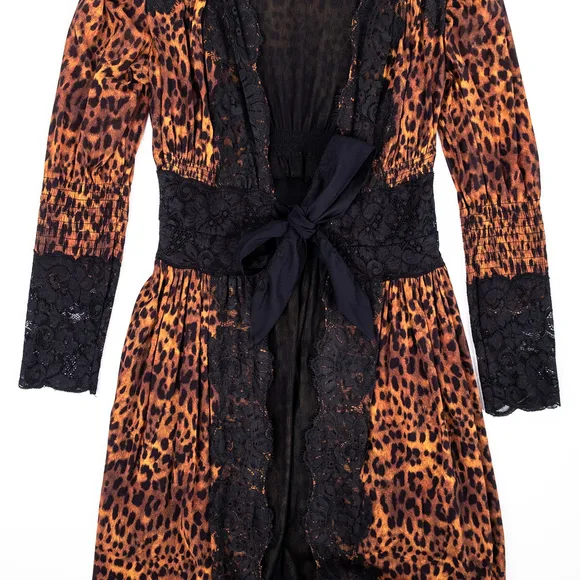 HAH Dust Her Robe Leopard Print Lace Dress Boho Tie Waist $278 - Size S