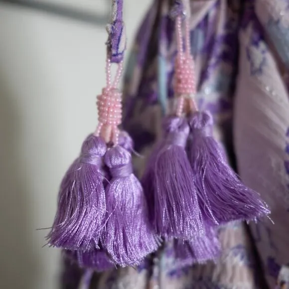 Hemant and Nandita Asia Long Sleeve Mini Dress Lilac Pink Tassel Boho XS NWT