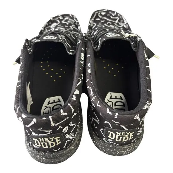 Hey Dude Wally Skeletons Black Canvas Shoes Dancing Skeleton Print Men's Size 12