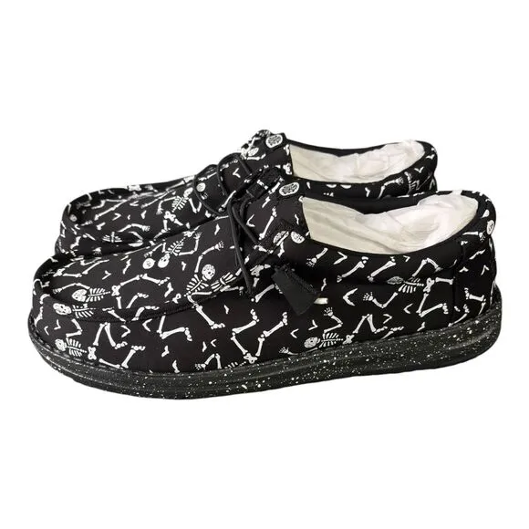 Hey Dude Wally Skeletons Black Canvas Shoes Dancing Skeleton Print Men's Size 12