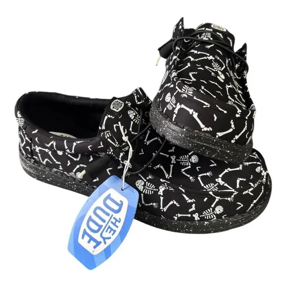 Hey Dude Wally Skeletons Black Canvas Shoes Dancing Skeleton Print Men's Size 12