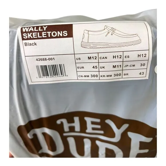 Hey Dude Wally Skeletons Black Canvas Shoes Dancing Skeleton Print Men's Size 12