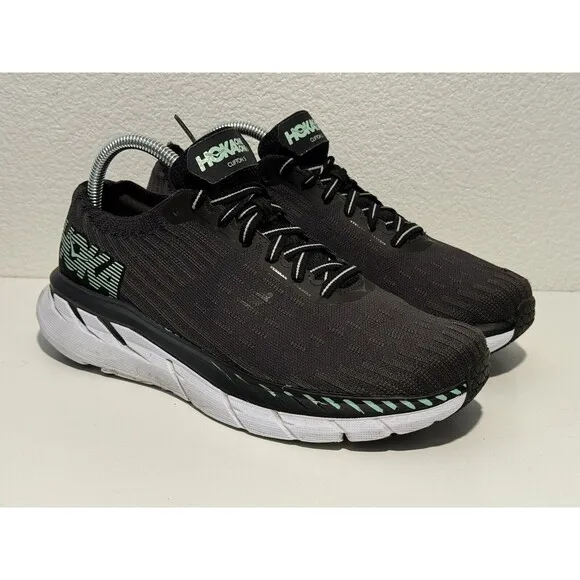 Hoka One Womens Clifton 5 Knit Running Shoes Sz 9.5 Black Lace Up Casual Gym