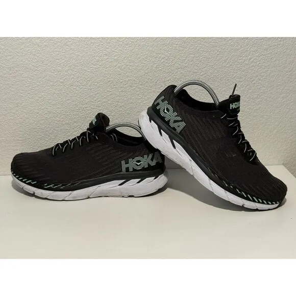 Hoka One Womens Clifton 5 Knit Running Shoes Sz 9.5 Black Lace Up Casual Gym