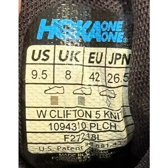 Hoka One Womens Clifton 5 Knit Running Shoes Sz 9.5 Black Lace Up Casual Gym