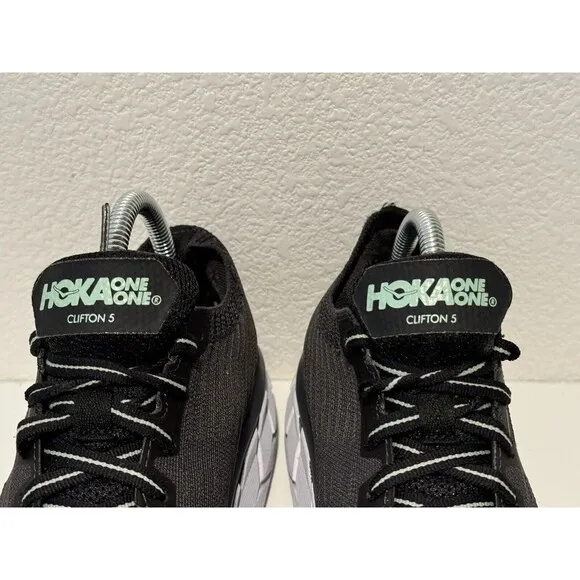 Hoka One Womens Clifton 5 Knit Running Shoes Sz 9.5 Black Lace Up Casual Gym