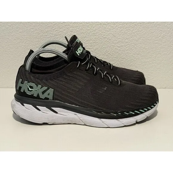 Hoka One Womens Clifton 5 Knit Running Shoes Sz 9.5 Black Lace Up Casual Gym