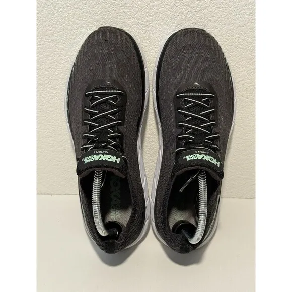 Hoka One Womens Clifton 5 Knit Running Shoes Sz 9.5 Black Lace Up Casual Gym