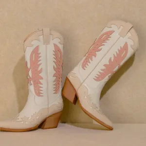 IDALY Western Boho Chic Pink White &amp; Tan Vegan Leather Cowboy Cowgirl Boots