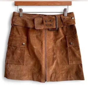 I.N.C Leather Mini Skirt w/ Wide Belt - Size 4P - NWT - Champagne- Boho