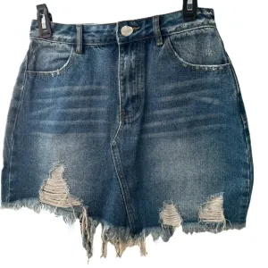 ITEM DITTO denim distressed mini skirt fly zipper boho cowgirl TRENDY SZ M NWT