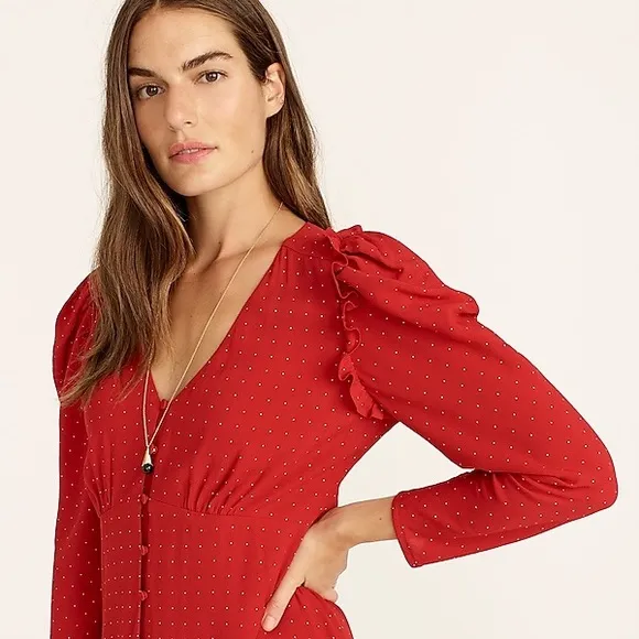 J CREW BOHO FARMHOUSE DRAPEY PUFF SLEEVE PIN DOT RED MIDI DRESS NWT SZ 8